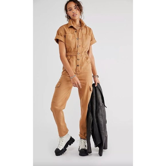 Free People Marci Utility Cargo Khaki Coverall Size Large - Picture 1 of 3